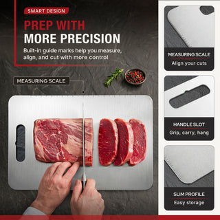 A stainless steel meat cutting board with guide markings, shown being used with a knife and raw steak on a dark countertop. The image includes feature callouts on the right: measuring scale, handle slot, slim profile, and text highlighting smart design and precise prep.