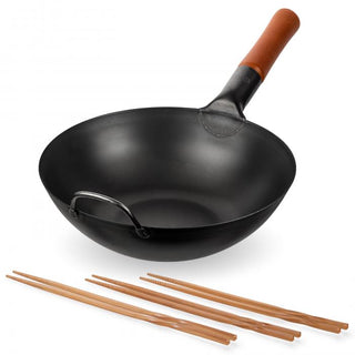 Yosukata Wok Set 11.8 Black Carbon Steel with Bamboo Chopsticks