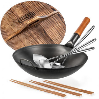 Yosukata Wok Set 14 Black Carbon Steel with Wooden Lid, 3 Utensils & Chopsticks