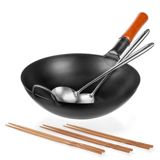 Yosukata 13.5-inch black carbon steel wok set with spatula, ladle and cooking chopsticks