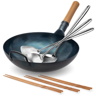 Yosukata 13.5-inch black carbon steel wok set with spatula, ladle, skimmer and cooking chopsticks