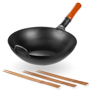 Yosukata 13.5-inch black carbon steel wok bundle with bamboo cooking chopsticks