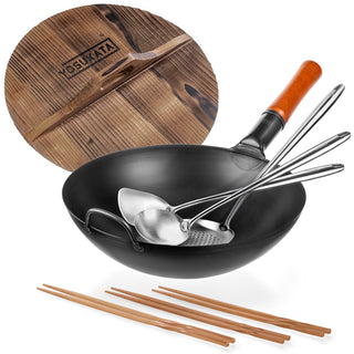 Yosukata 13.5-inch black carbon steel wok bundle with wooden lid, stainless steel utensils and bamboo chopsticks