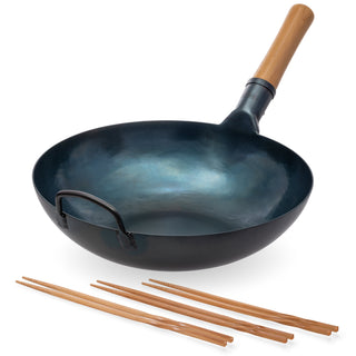 Yosukata 13.5-inch blue carbon steel wok bundle with bamboo cooking chopsticks