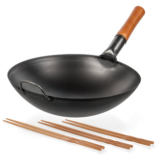 Yosukata 14-inch black carbon steel wok bundle with bamboo cooking chopsticks